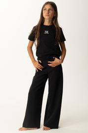 Elisabetta Franchi Bambina Pantalone Gamba Larga In Crepe con Logo Oro EFPA3030GA085 NERO