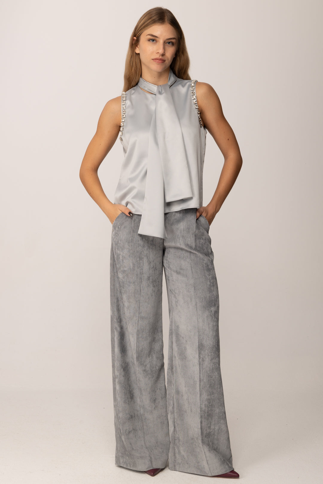 Manila Grace Pantalone In Velluto a Costine NEBBIA