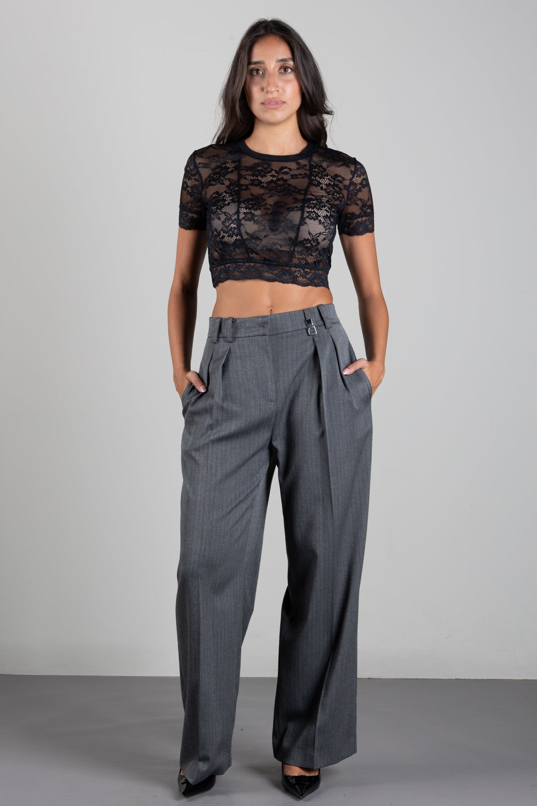 Patrizia Pepe Pantalone Sartoriale a Vita Alta con Righe Sottili 8P0474 C0238 HERRINGBONE GRAY
