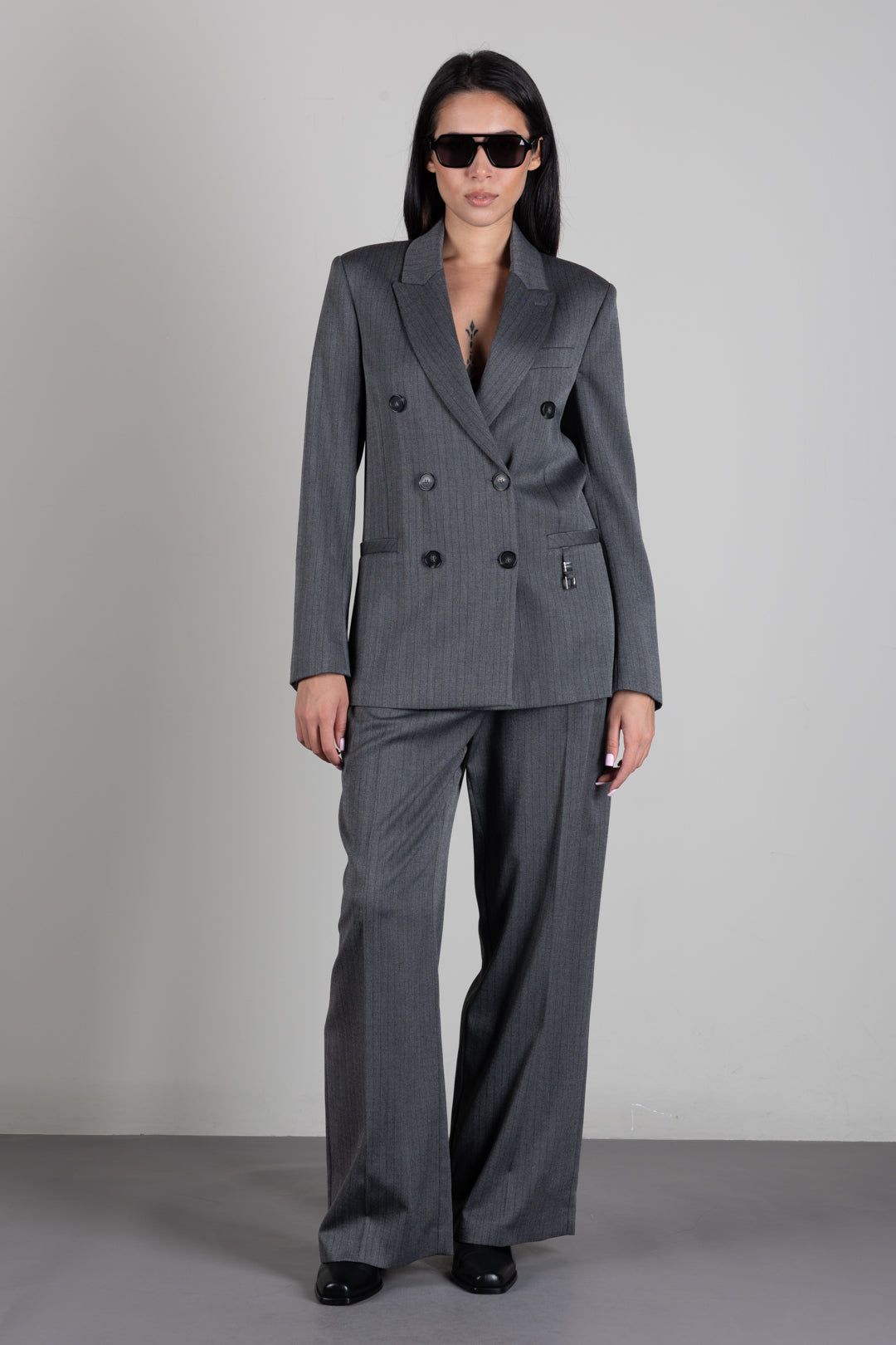 Patrizia Pepe Pantalone Sartoriale a Vita Alta con Righe Sottili 8P0474 C0238 HERRINGBONE GRAY