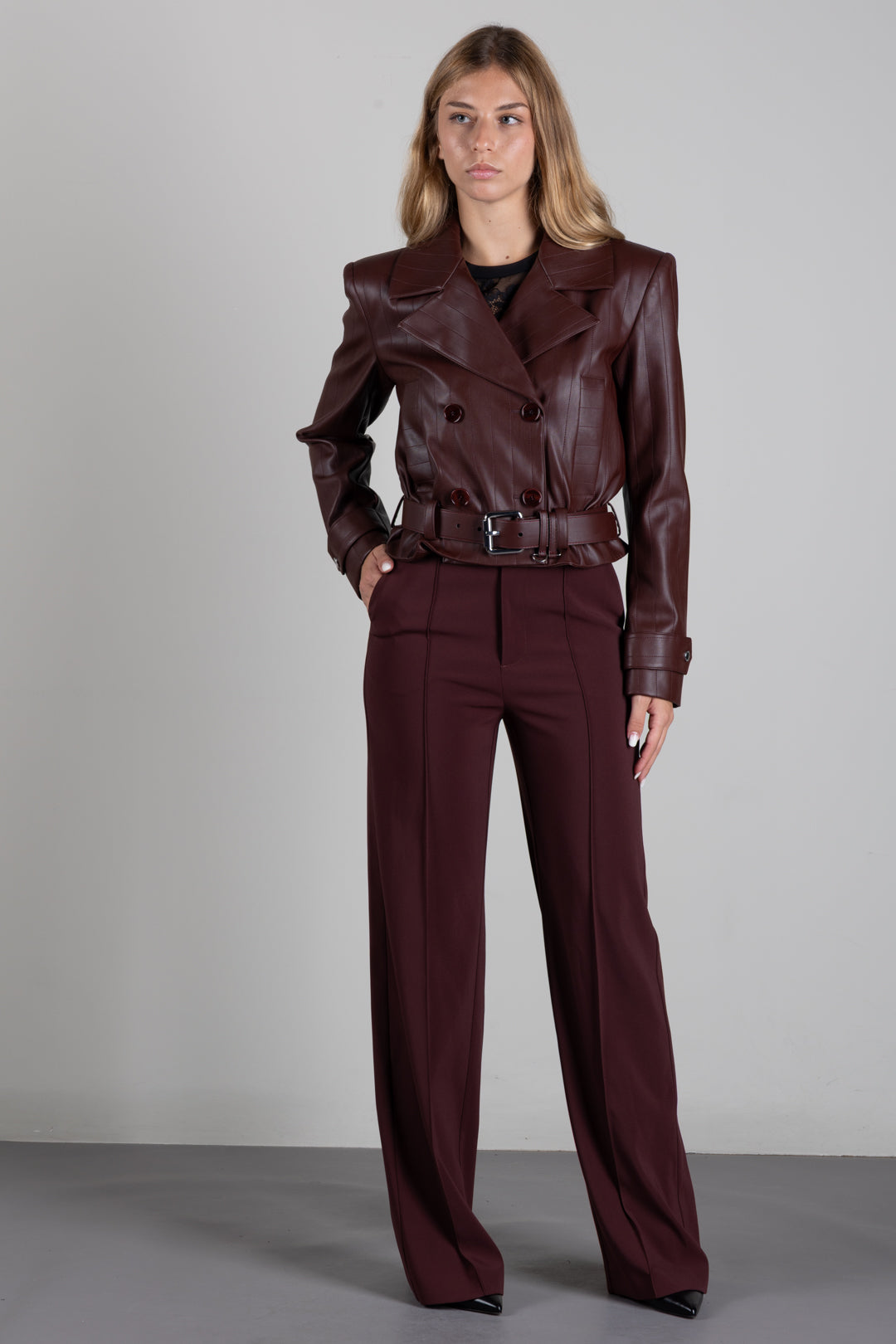 Patrizia Pepe Pantalone Sartoriale Wide Leg a Vita Bassa 8P0613 A6F5 WOOD BROWN