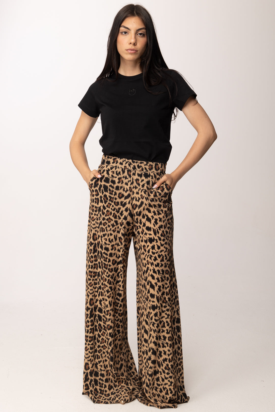 Pinko Pantalone Wide Leg Animalier e Logo 108140 A3UB CZ9