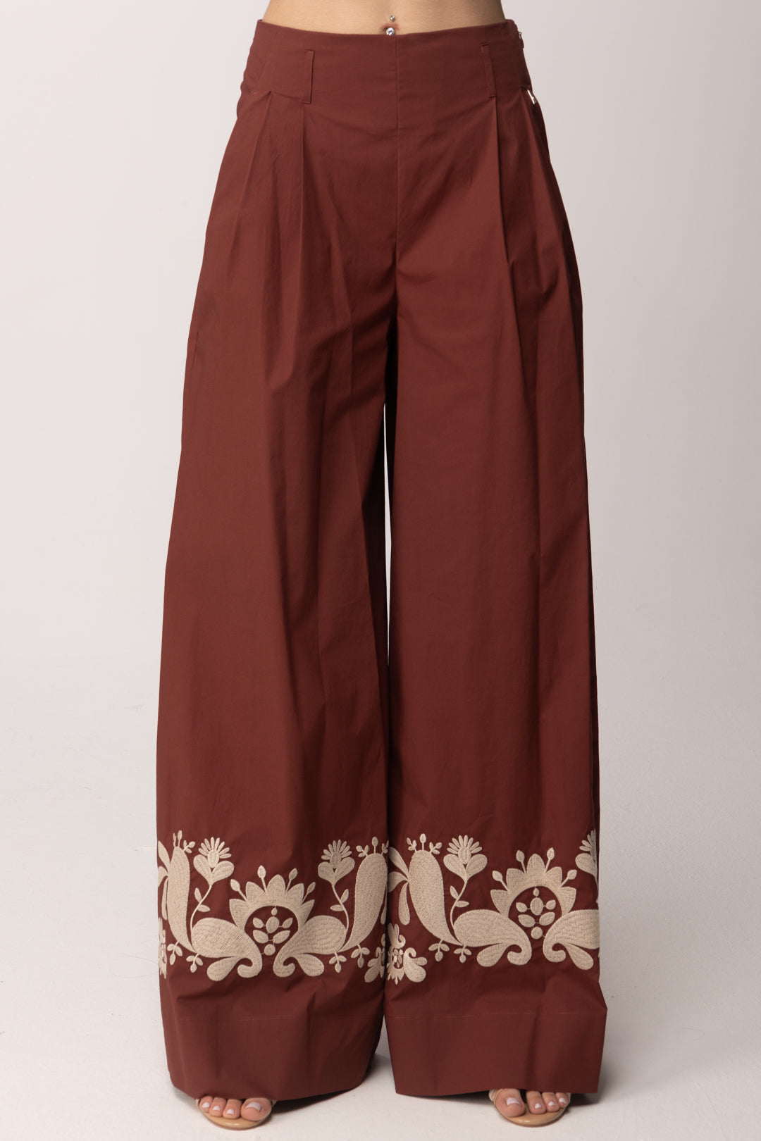 Twin-set Pantaloni a Palazzo In Popeline con Ricamo 261AT2043 TERRA ROSSA