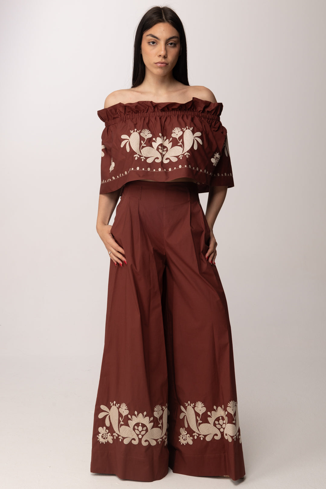 Twin-set Pantaloni a Palazzo In Popeline con Ricamo 261AT2043 TERRA ROSSA
