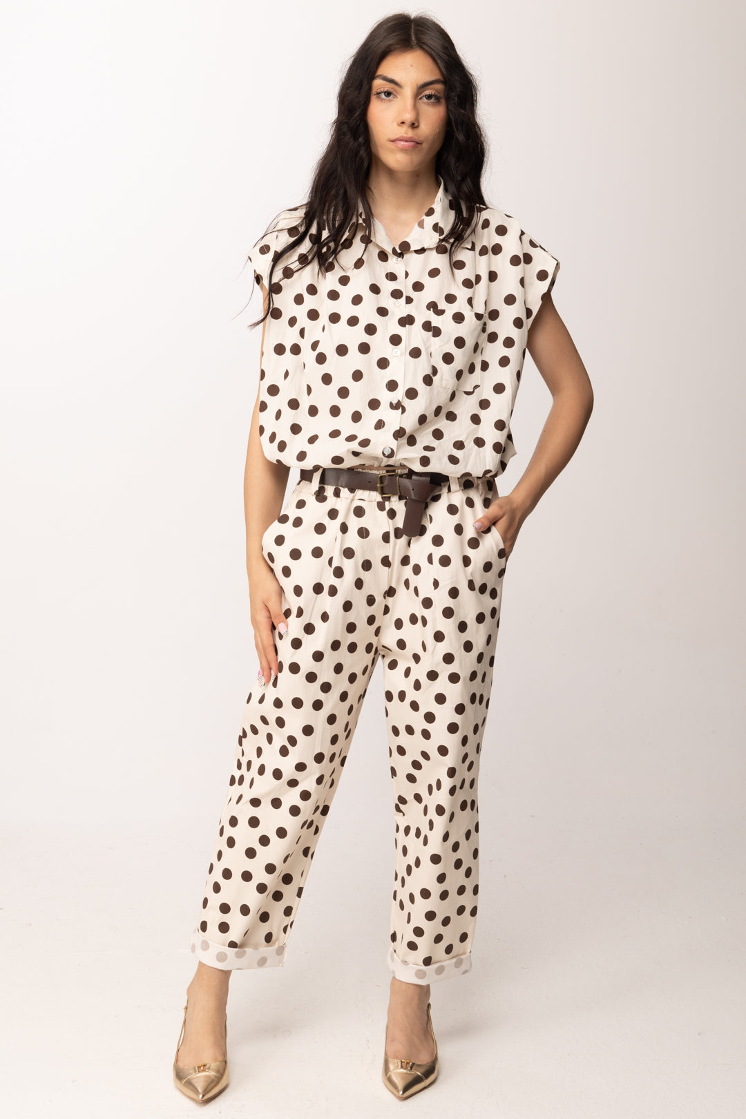 Khloe Femme Pantaloni a Pois con Cintura 23907 BEIGE/CACAO