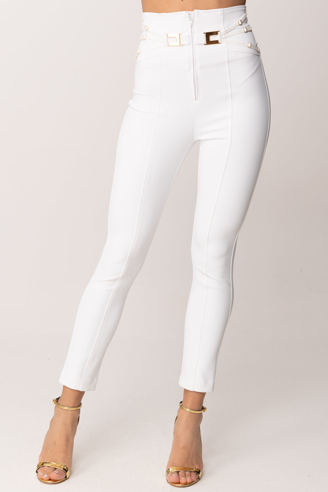 Elisabetta Franchi Pantaloni a Vita Alta Stretch con Logo PA15861E2 AVORIO