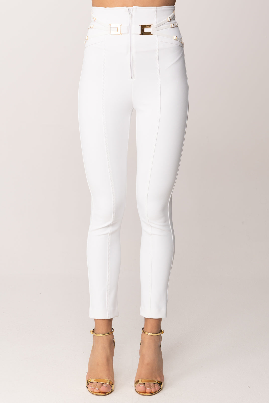 Elisabetta Franchi Pantaloni a Vita Alta Stretch con Logo PA15861E2 AVORIO