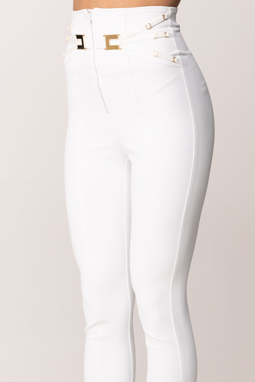 Elisabetta Franchi Pantaloni a Vita Alta Stretch con Logo PA15861E2 AVORIO