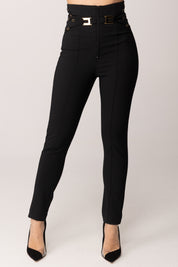 Elisabetta Franchi Pantaloni a Vita Alta Stretch con Logo PA15861E2 NERO