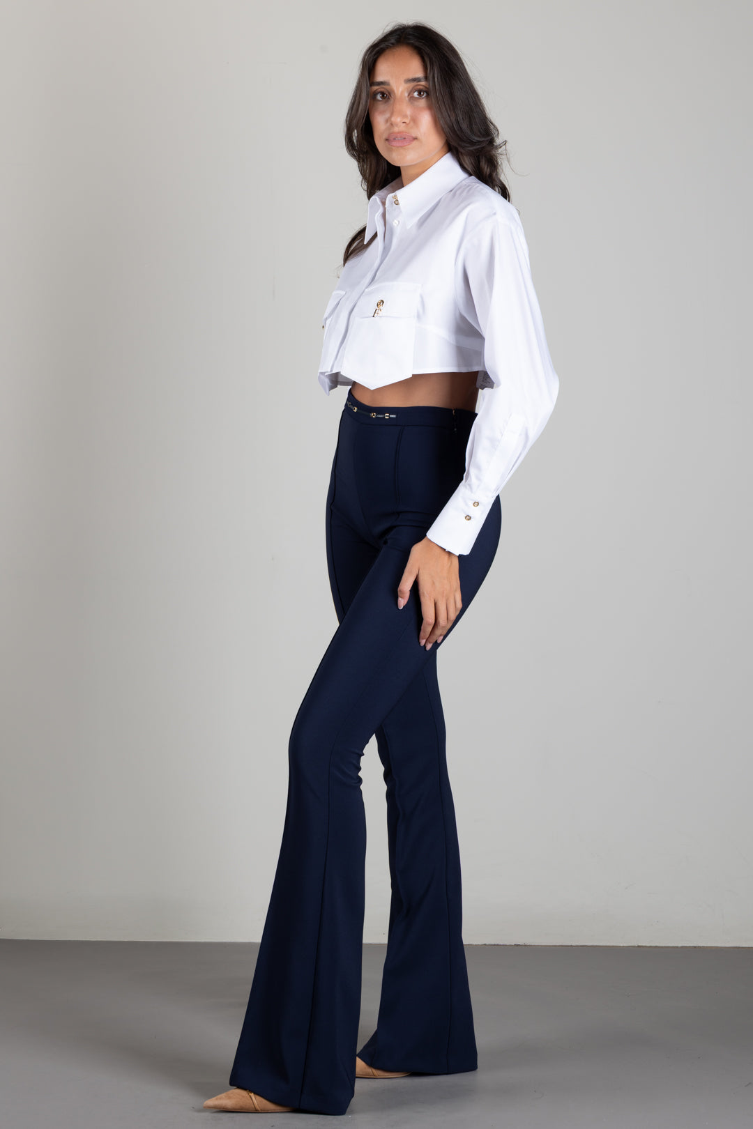 Elisabetta Franchi Pantaloni a Zampetta con Morsetto Logo PA19766E2 BLU NOTTE