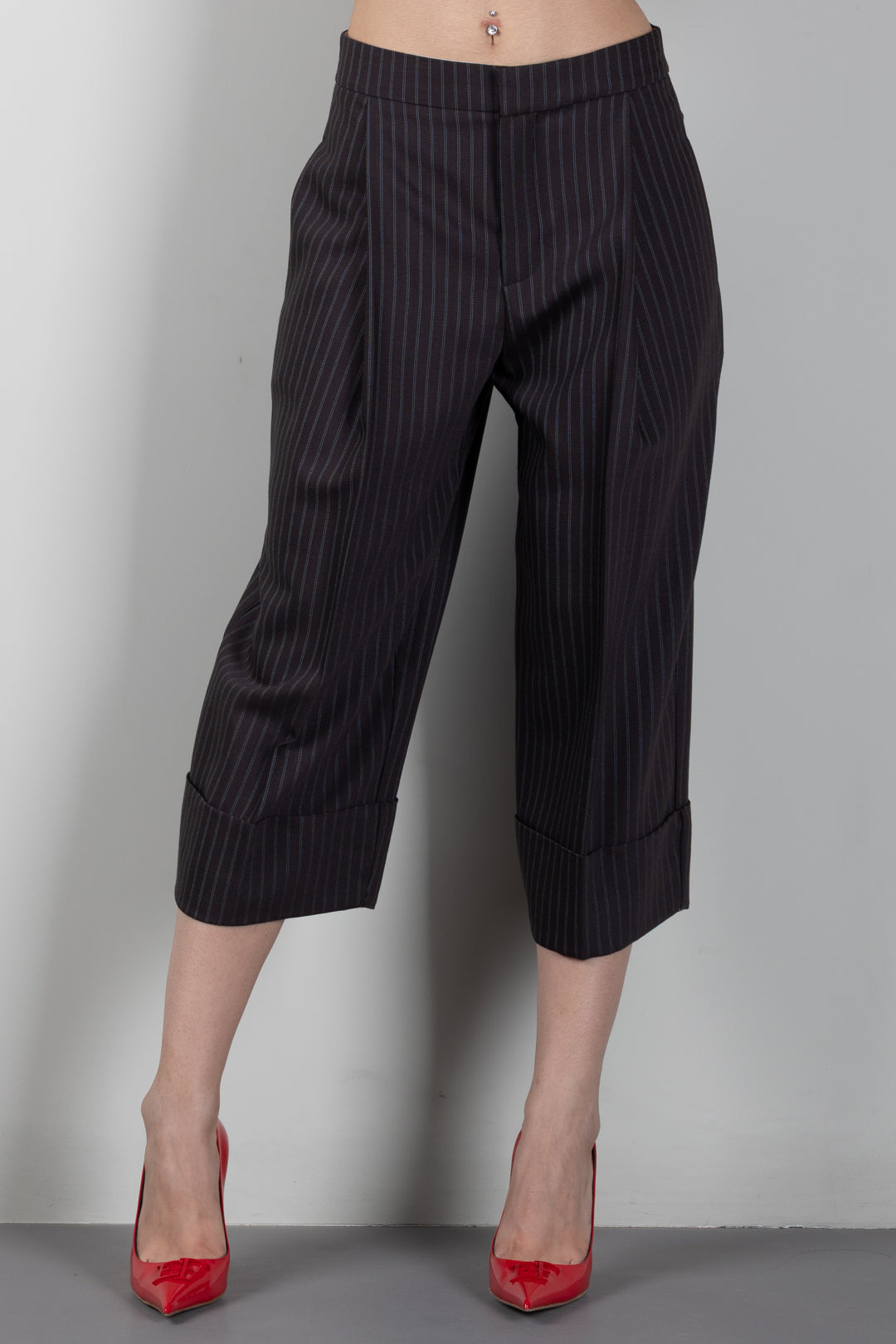 Elisabetta Franchi Pantaloni Al Ginocchio In Fresco Lana Gessato PA17866E2 DARK CHOCOLATE/GLASS