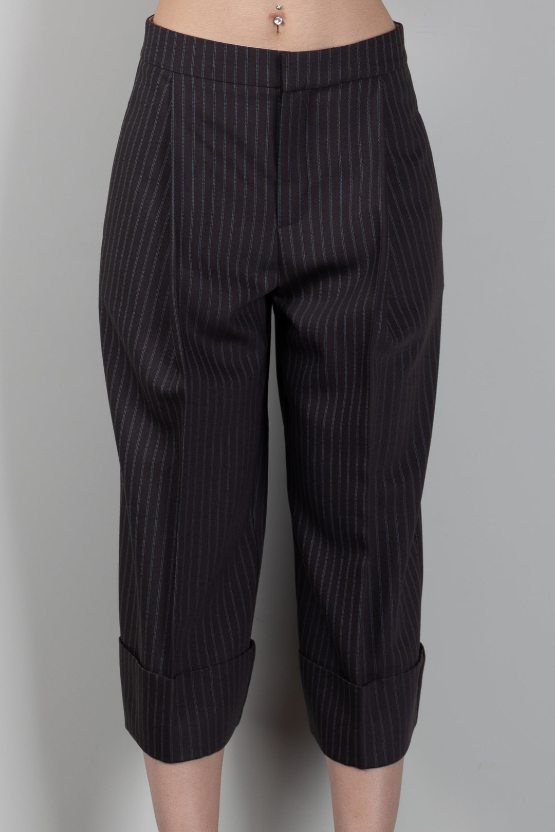 Elisabetta Franchi Pantaloni Al Ginocchio In Fresco Lana Gessato PA17866E2 DARK CHOCOLATE/GLASS