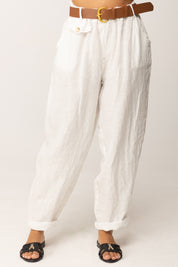 Khloe Femme Pantaloni Ampi In Lino con Cintura BIANCO