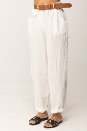 Khloe Femme Pantaloni Ampi In Lino con Cintura BIANCO