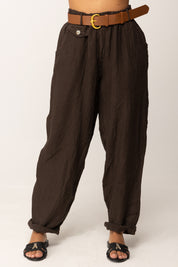 Khloe Femme Pantaloni Ampi In Lino con Cintura CACAO