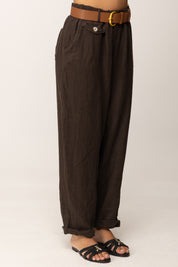 Khloe Femme Pantaloni Ampi In Lino con Cintura CACAO