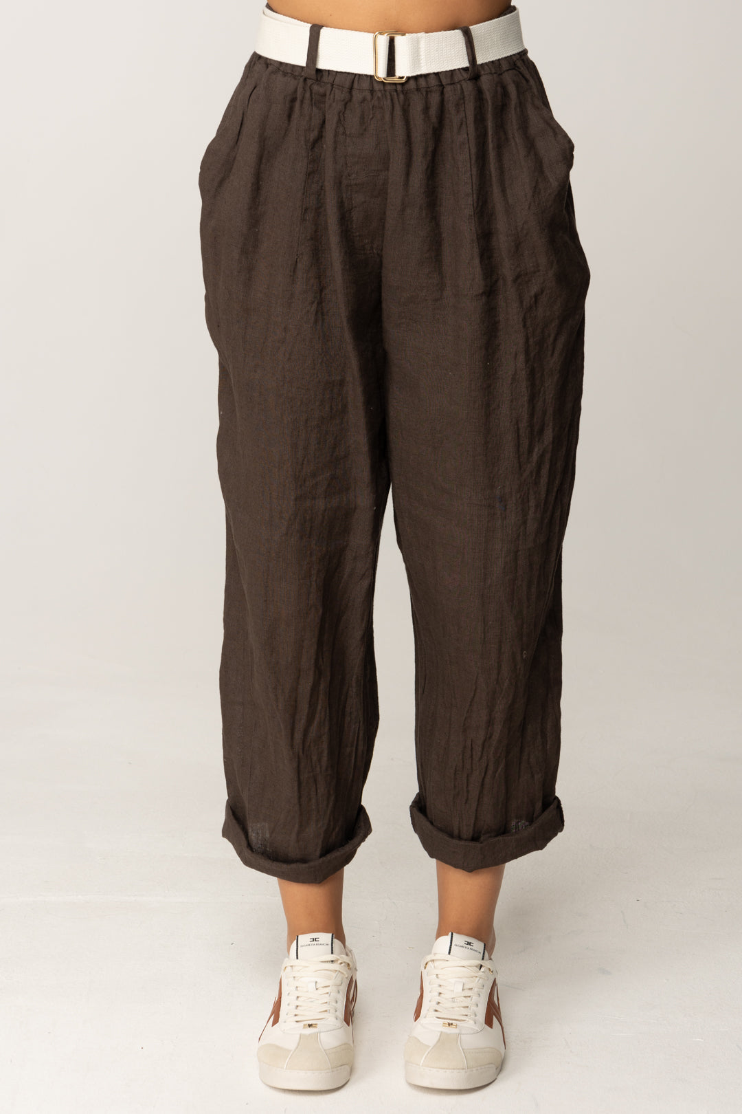 Khloe Femme Pantaloni Crop con Risvolti e Cintura CACAO