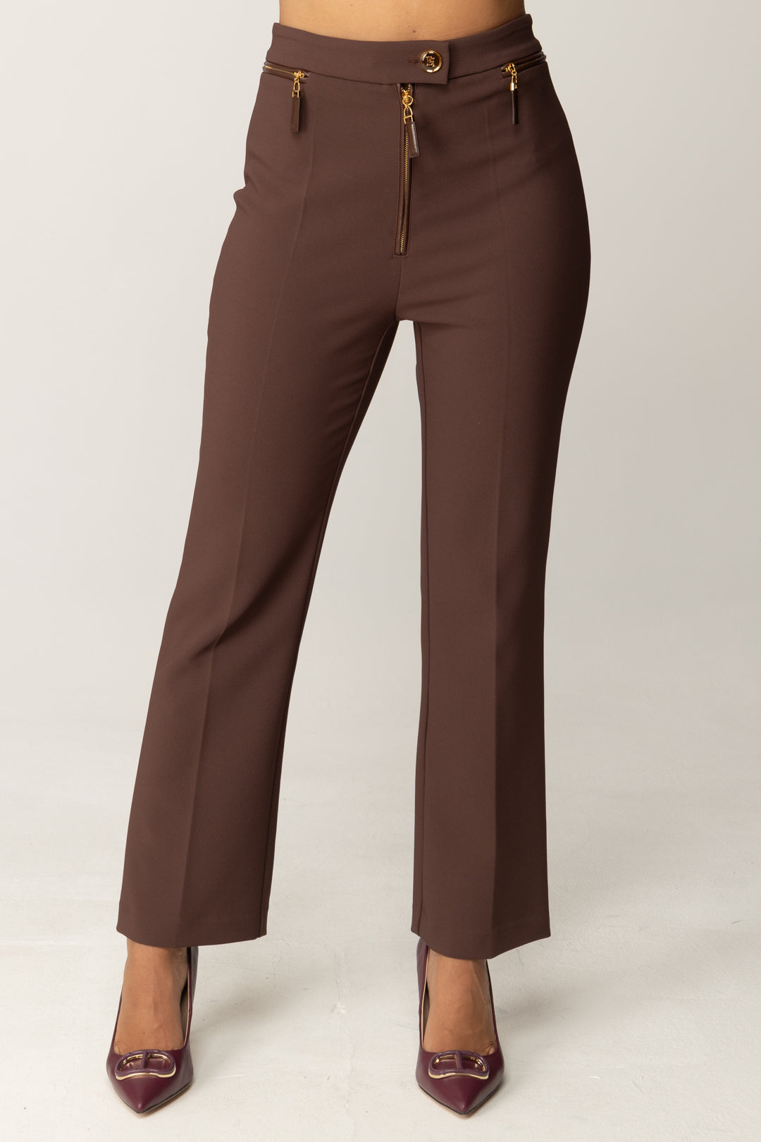 Elisabetta Franchi Pantaloni Doppio Crepe con Zip In Vita PA10856E2 COFFEE