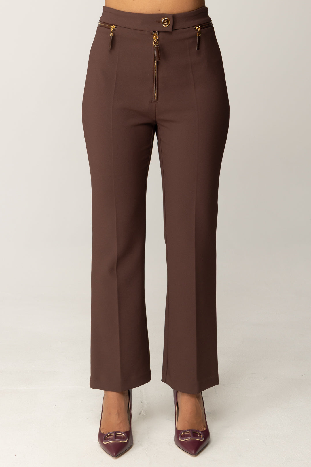 Elisabetta Franchi Pantaloni Doppio Crepe con Zip In Vita PA10856E2 COFFEE