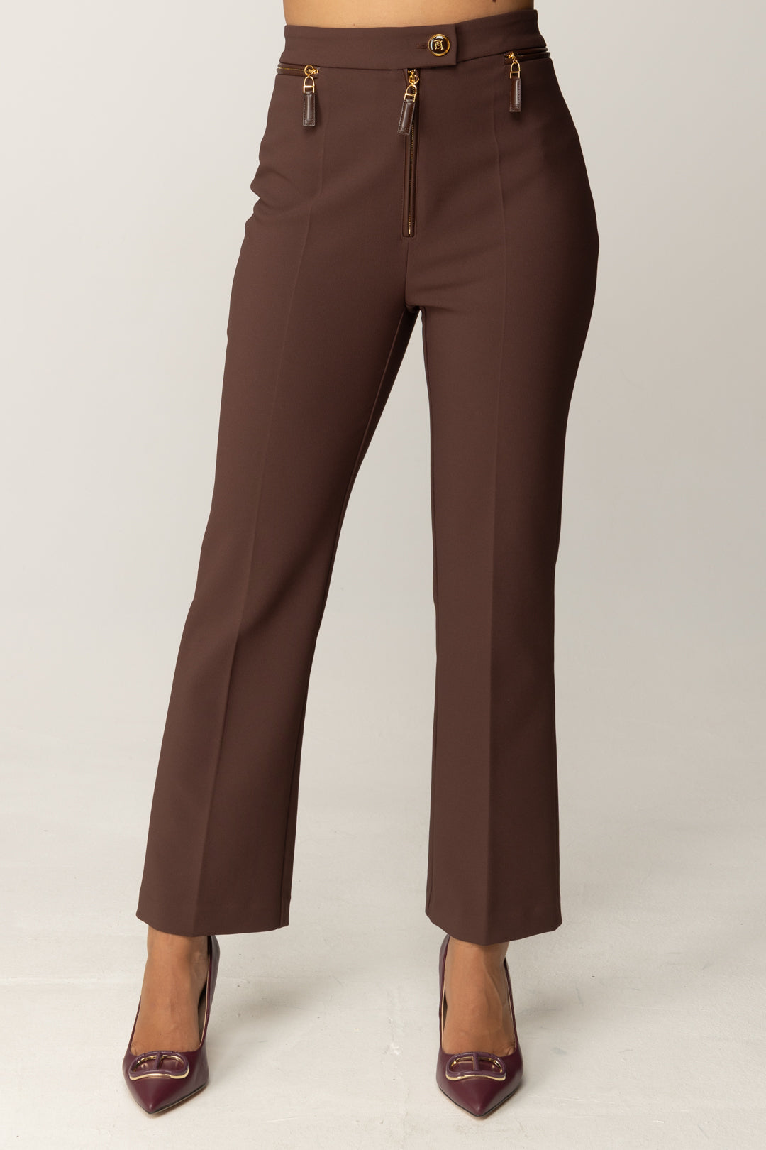 Elisabetta Franchi Pantaloni Doppio Crepe con Zip In Vita PA10856E2 COFFEE