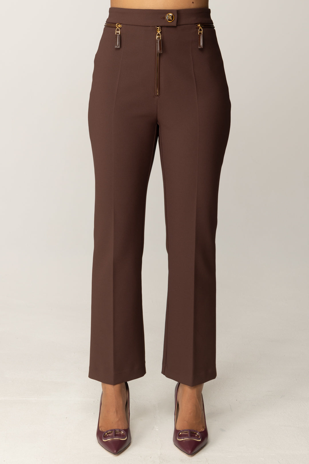 Elisabetta Franchi Pantaloni Doppio Crepe con Zip In Vita PA10856E2 COFFEE