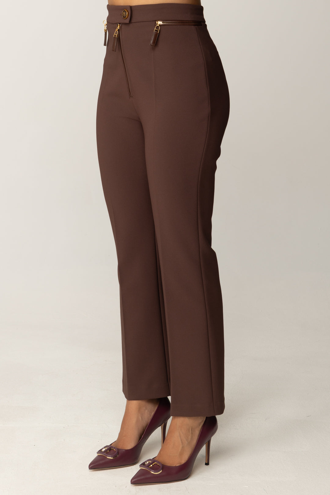 Elisabetta Franchi Pantaloni Doppio Crepe con Zip In Vita PA10856E2 COFFEE