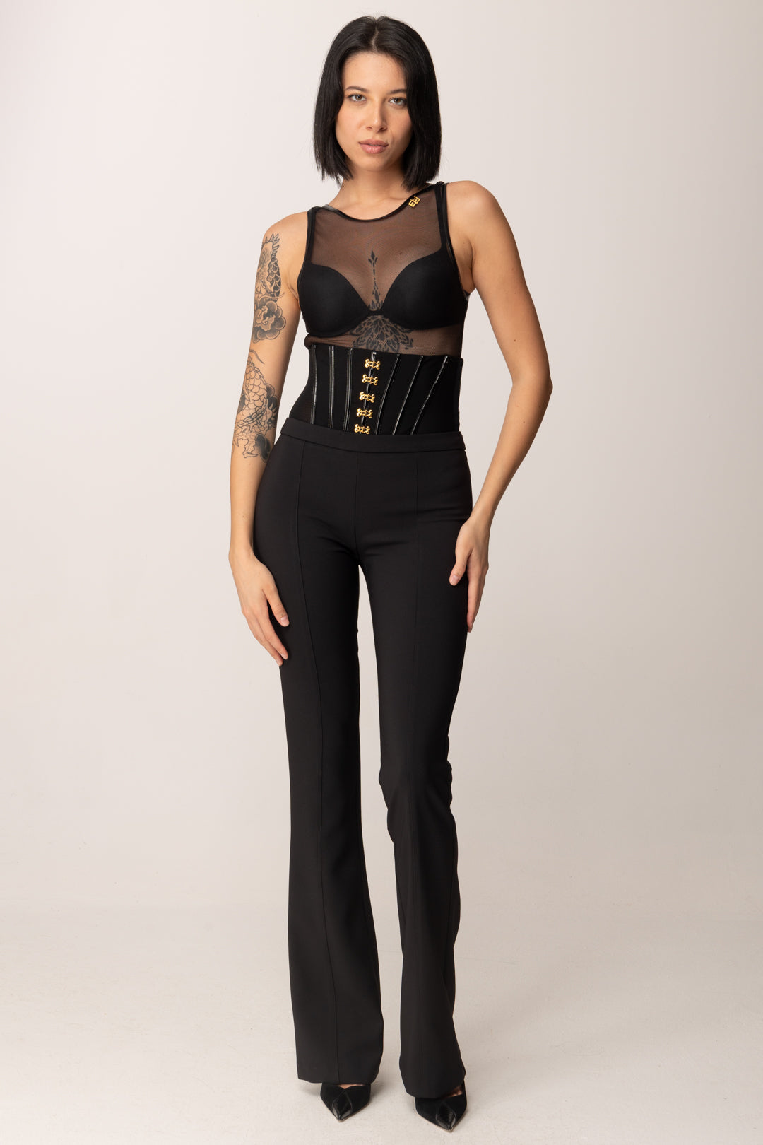 Elisabetta Franchi Pantaloni In Crêpe Leggero con Ganci Gioiello PA13257E2 NERO