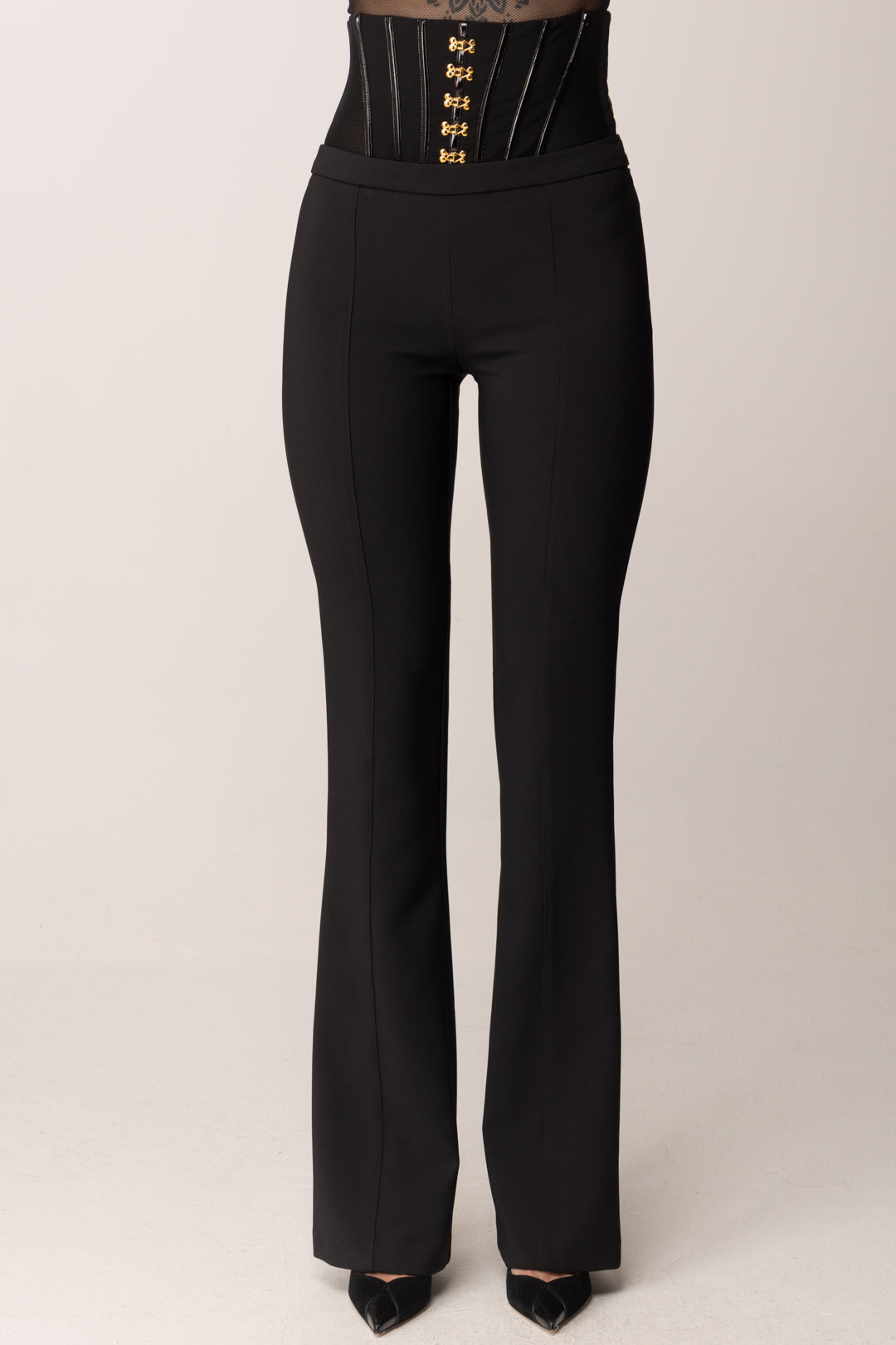 Elisabetta Franchi Pantaloni In Crêpe Leggero con Ganci Gioiello PA13257E2 NERO