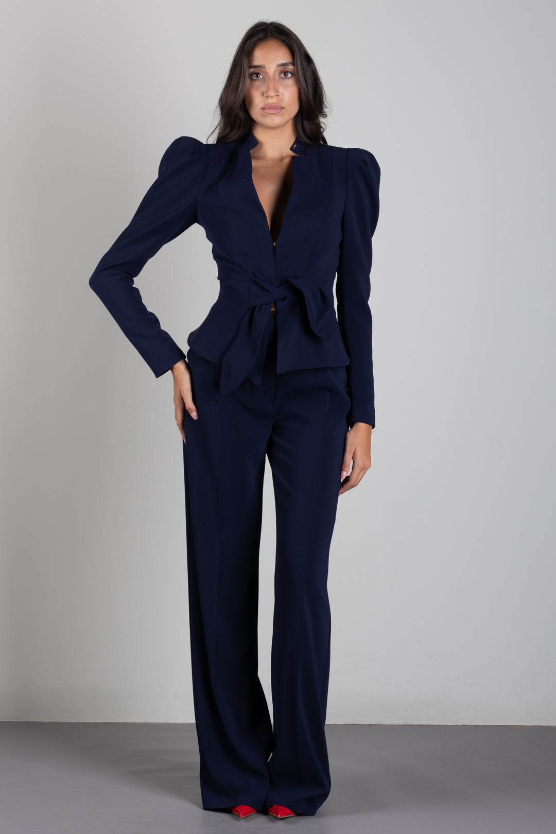 Elisabetta Franchi Pantaloni In Crêpe con Cintura e Placca Logo PA20766E2 BLU NOTTE