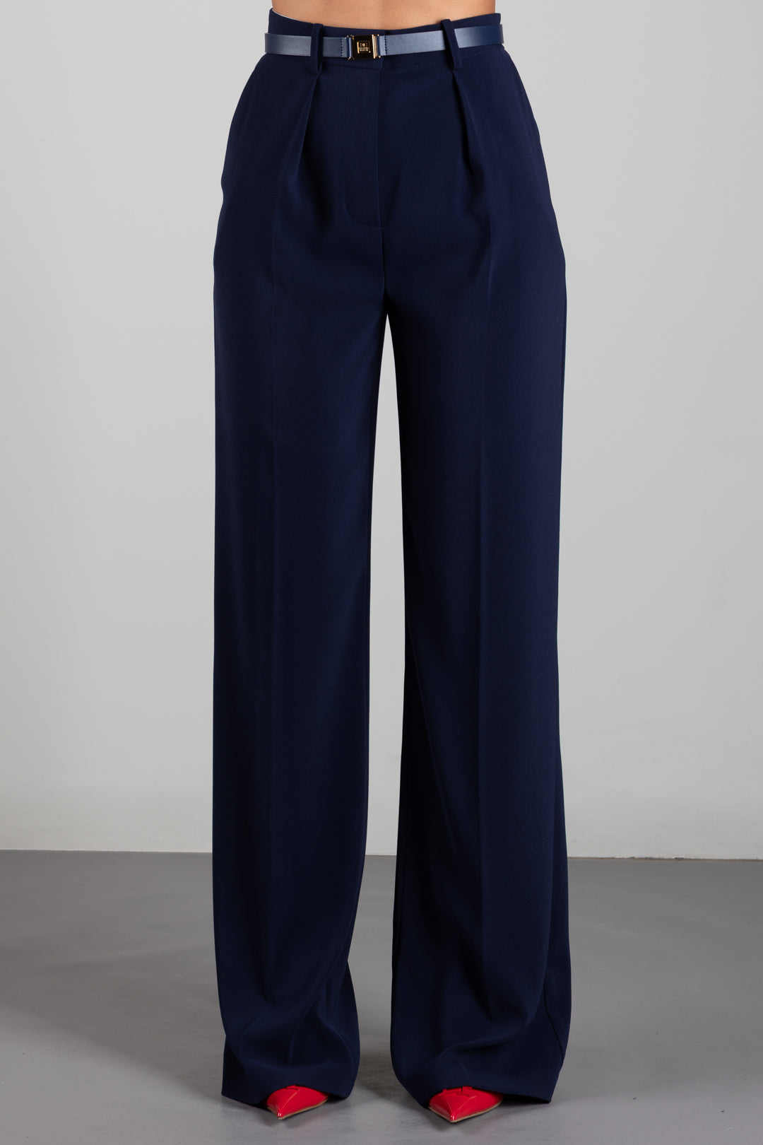 Elisabetta Franchi Pantaloni In Crêpe con Cintura e Placca Logo PA20766E2 BLU NOTTE