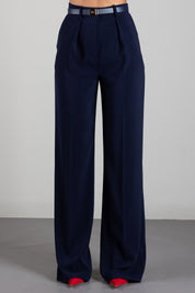 Elisabetta Franchi Pantaloni In Crêpe con Cintura e Placca Logo PA20766E2 BLU NOTTE