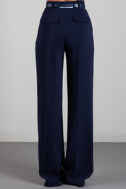 Elisabetta Franchi Pantaloni In Crêpe con Cintura e Placca Logo PA20766E2 BLU NOTTE