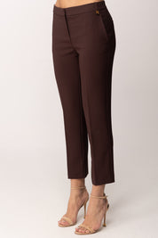Elisabetta Franchi Pantaloni In Crêpe Leggero con Logo Charm PA16661E2 CACAO