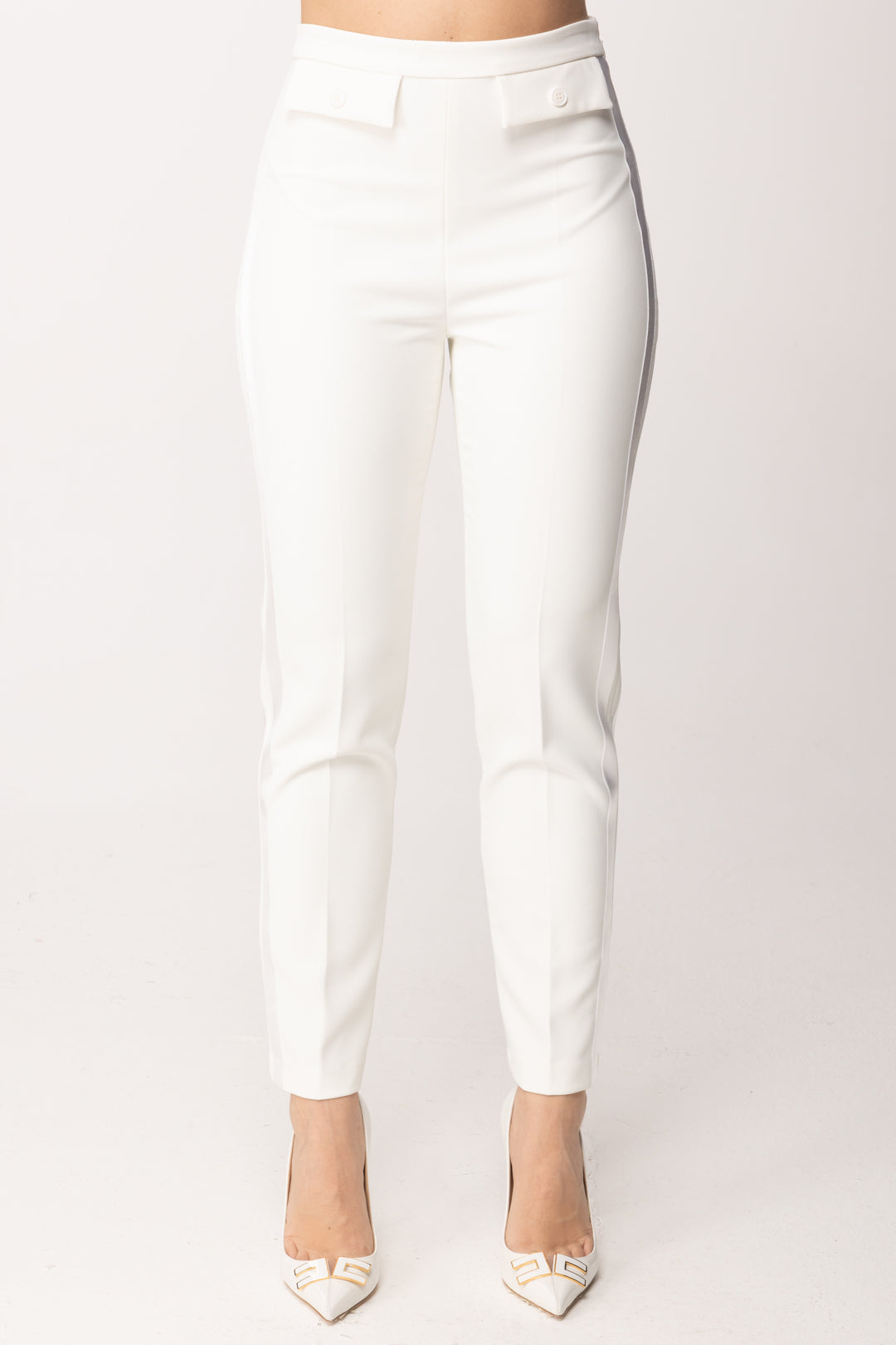 Elisabetta Franchi Pantaloni In Crêpe Leggero e Raso PA18562E2 AVORIO