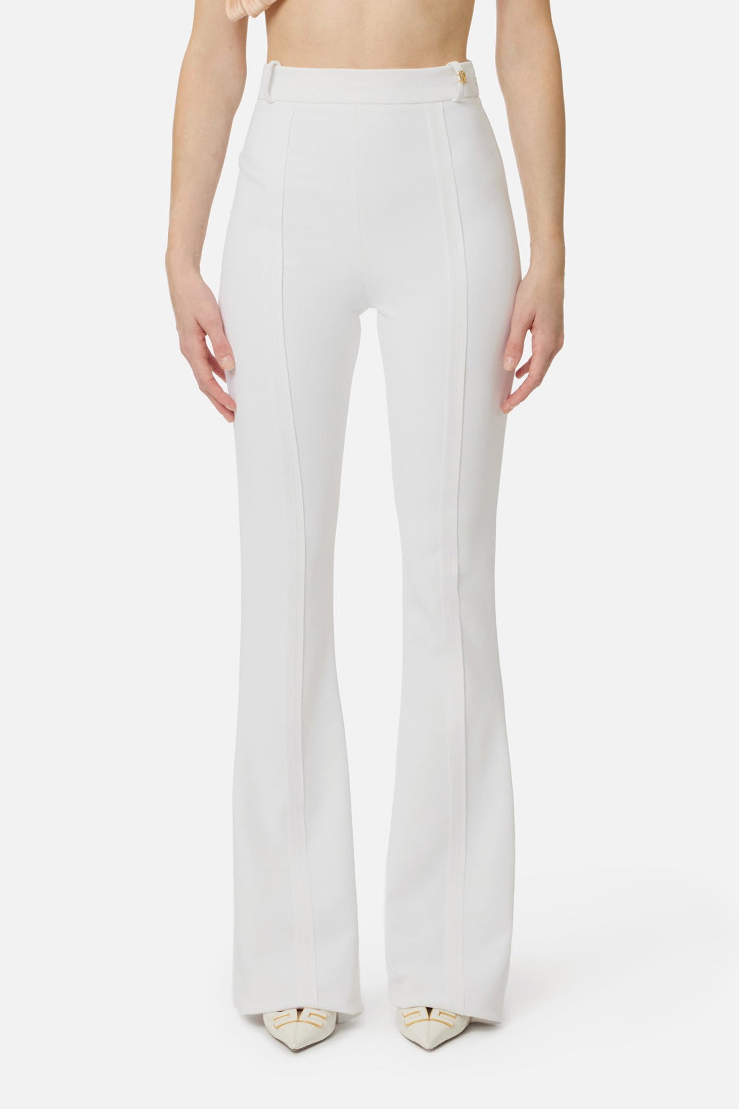 Elisabetta Franchi Pantaloni In Doppio Crêpe Stretch con Charm Logo PA16961E2 AVORIO