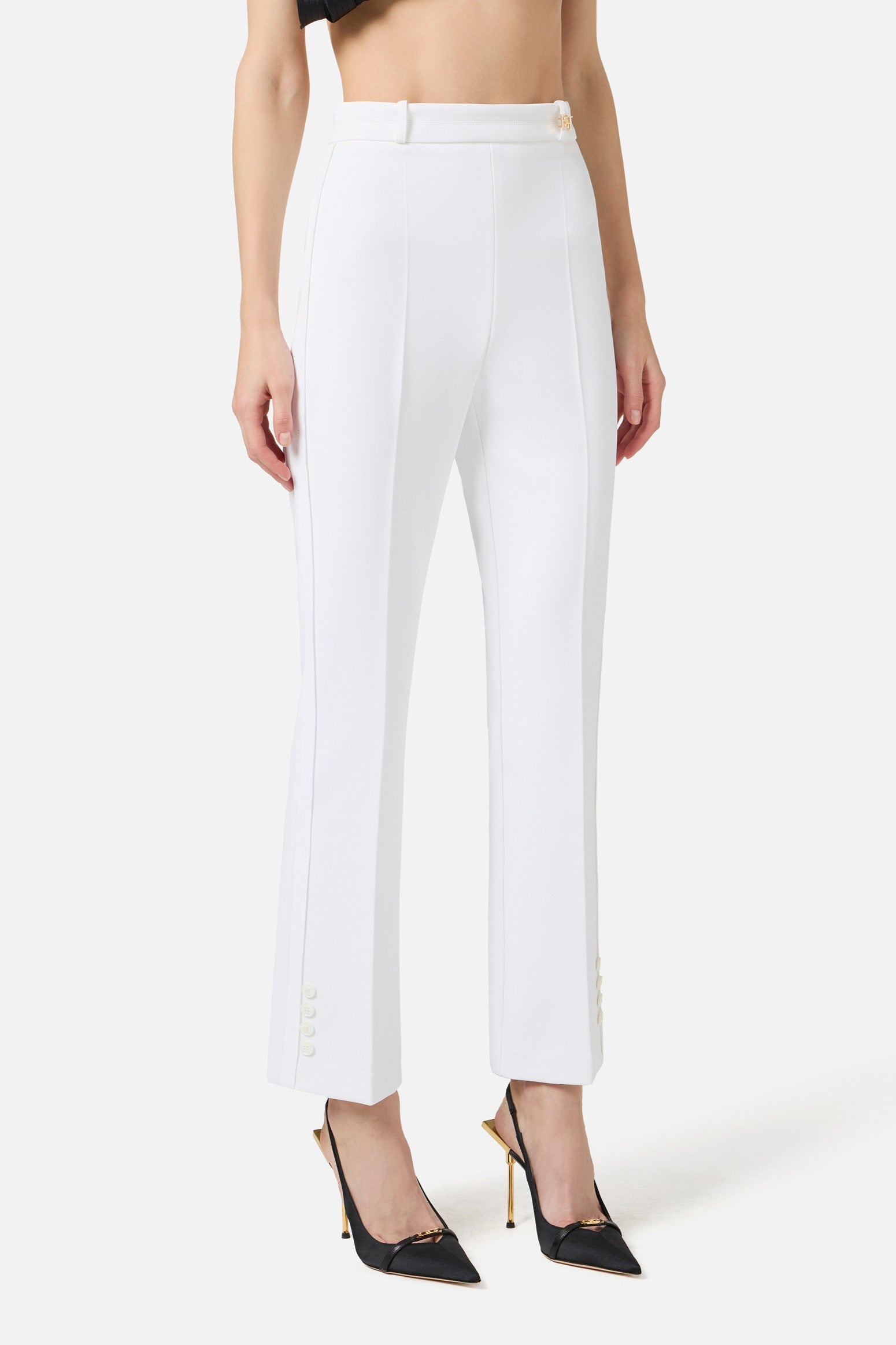 Elisabetta Franchi Pantaloni In Doppio Crêpe Stretch con Logo Charm PA16861E2 AVORIO