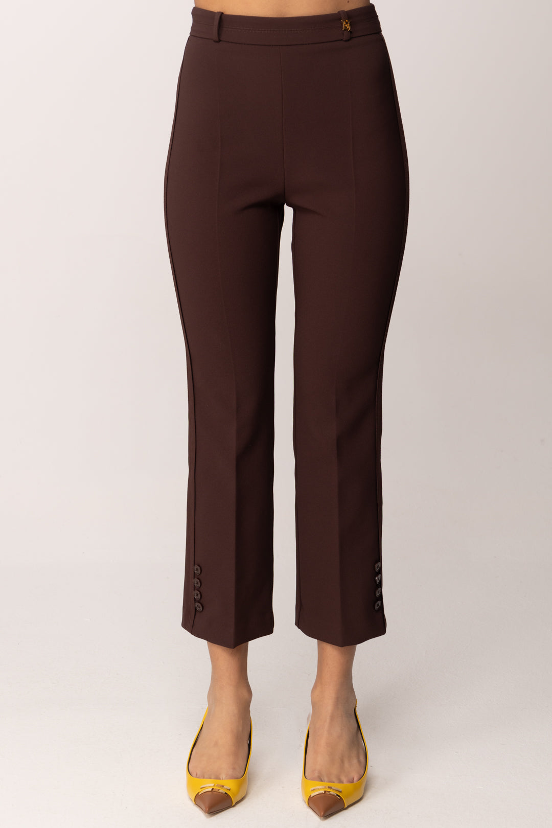 Elisabetta Franchi Pantaloni In Doppio Crêpe Stretch con Logo Charm PA16861E2 CACAO