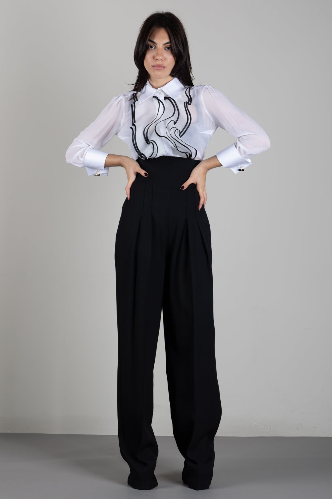 Elisabetta Franchi Pantaloni In Gabardina Fluida con Vita Bustier PA22267E2 NERO