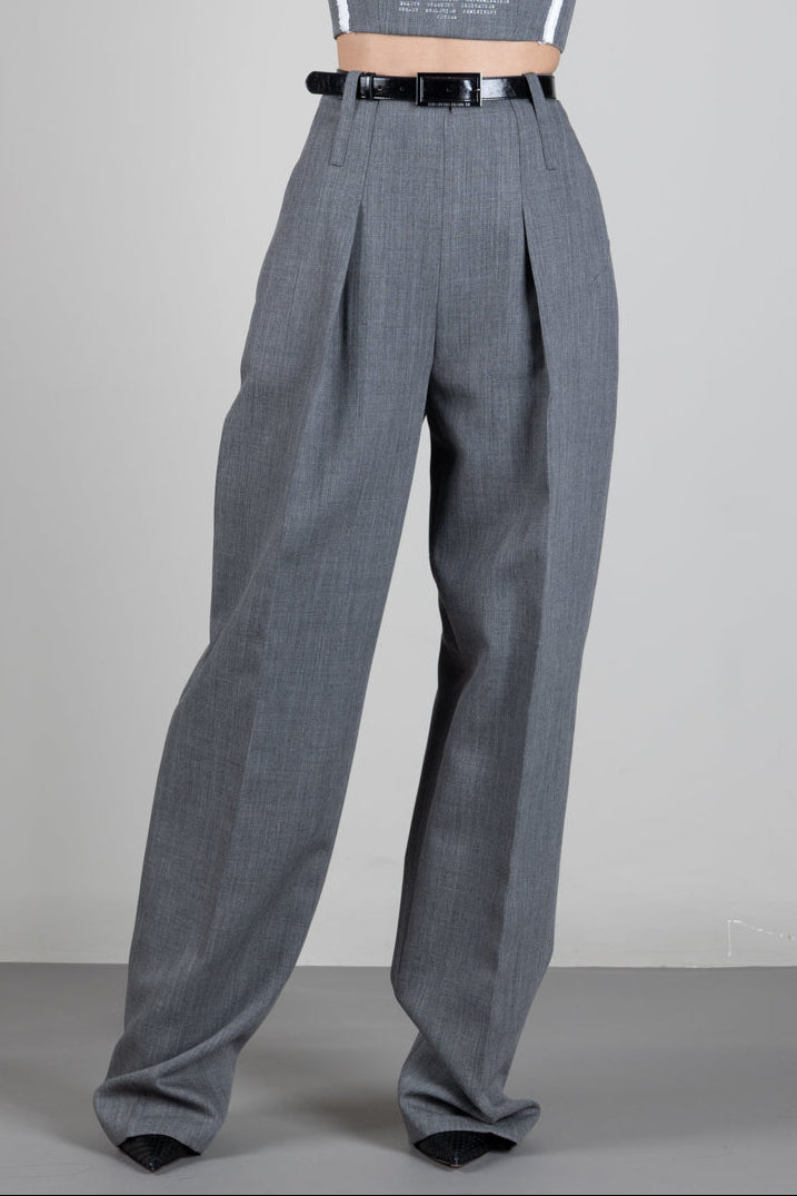 Elisabetta Franchi Pantaloni In Lana a Vita Alta con Cintura PA22367E2 GRIGIO MELANGE