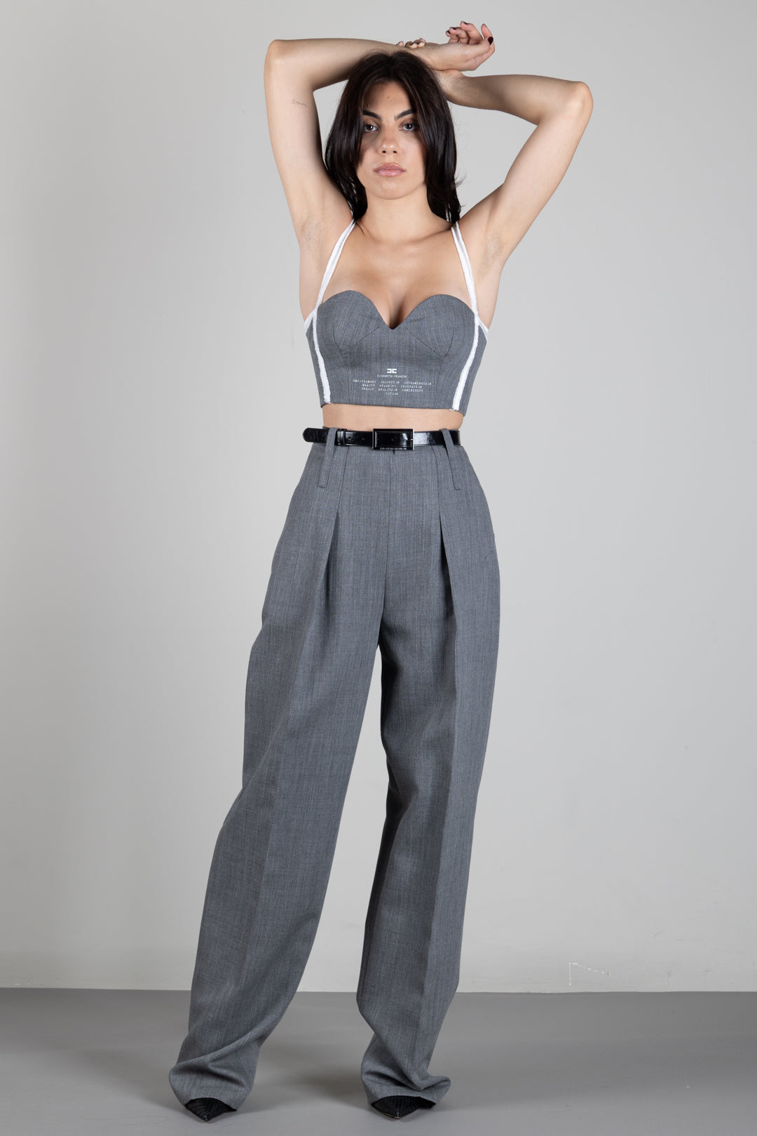 Elisabetta Franchi Pantaloni In Lana a Vita Alta con Cintura PA22367E2 GRIGIO MELANGE