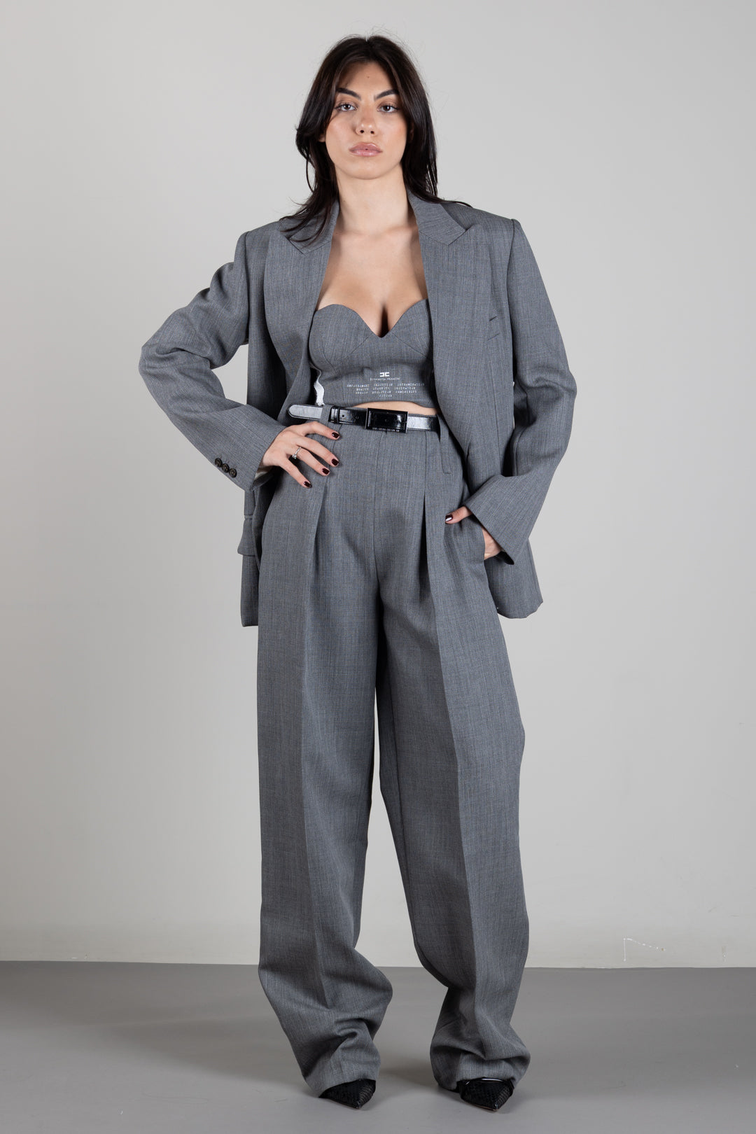 Elisabetta Franchi Pantaloni In Lana a Vita Alta con Cintura PA22367E2 GRIGIO MELANGE