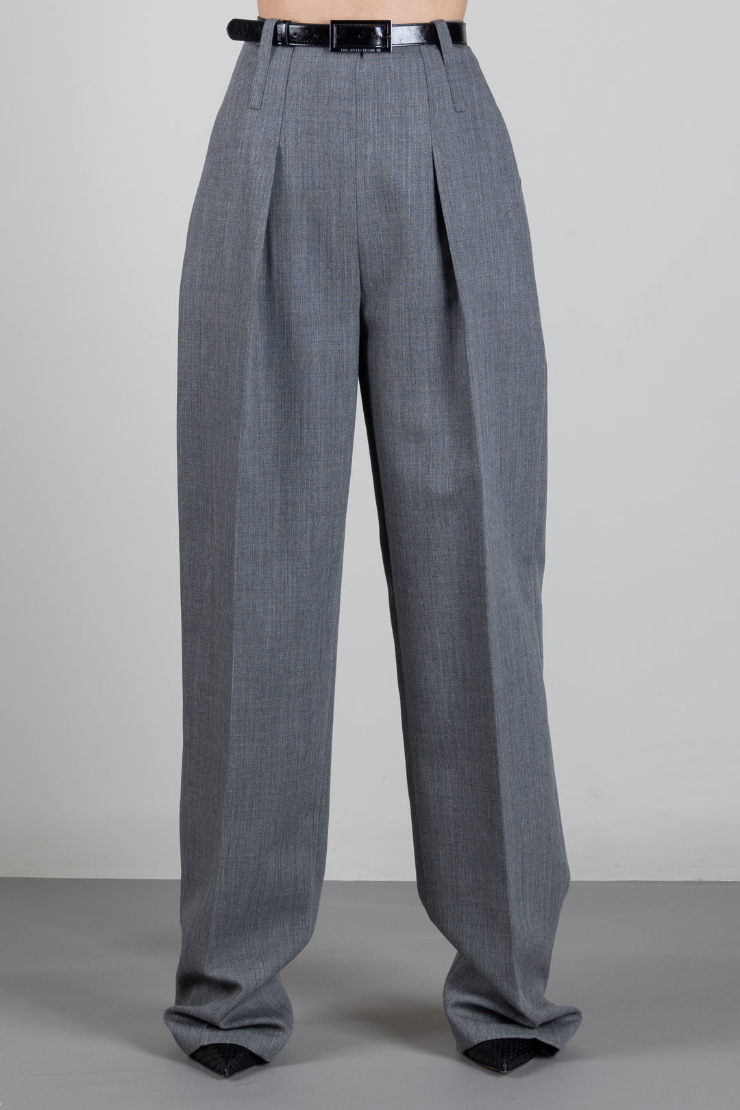 Elisabetta Franchi Pantaloni In Lana a Vita Alta con Cintura PA22367E2 GRIGIO MELANGE