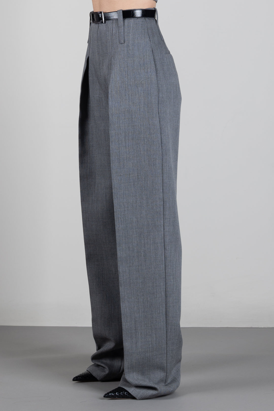 Elisabetta Franchi Pantaloni In Lana a Vita Alta con Cintura PA22367E2 GRIGIO MELANGE