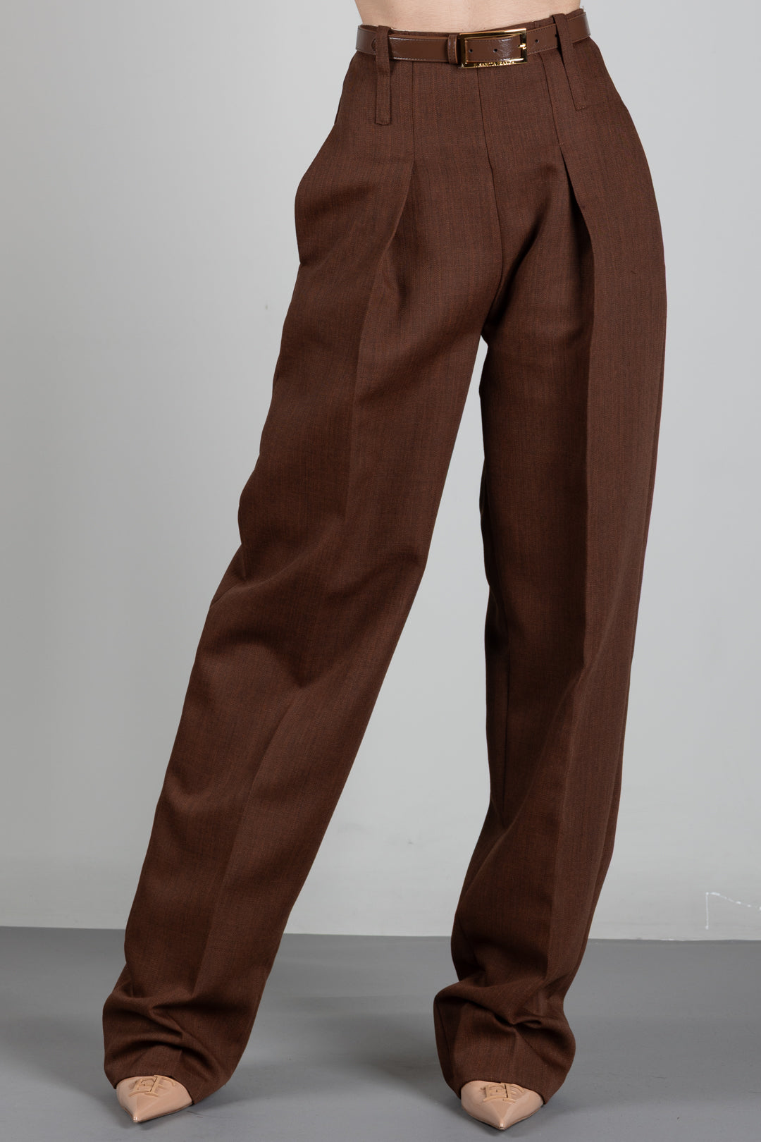 Elisabetta Franchi Pantaloni In Lana a Vita Alta con Cintura PA22367E2 SIGARO