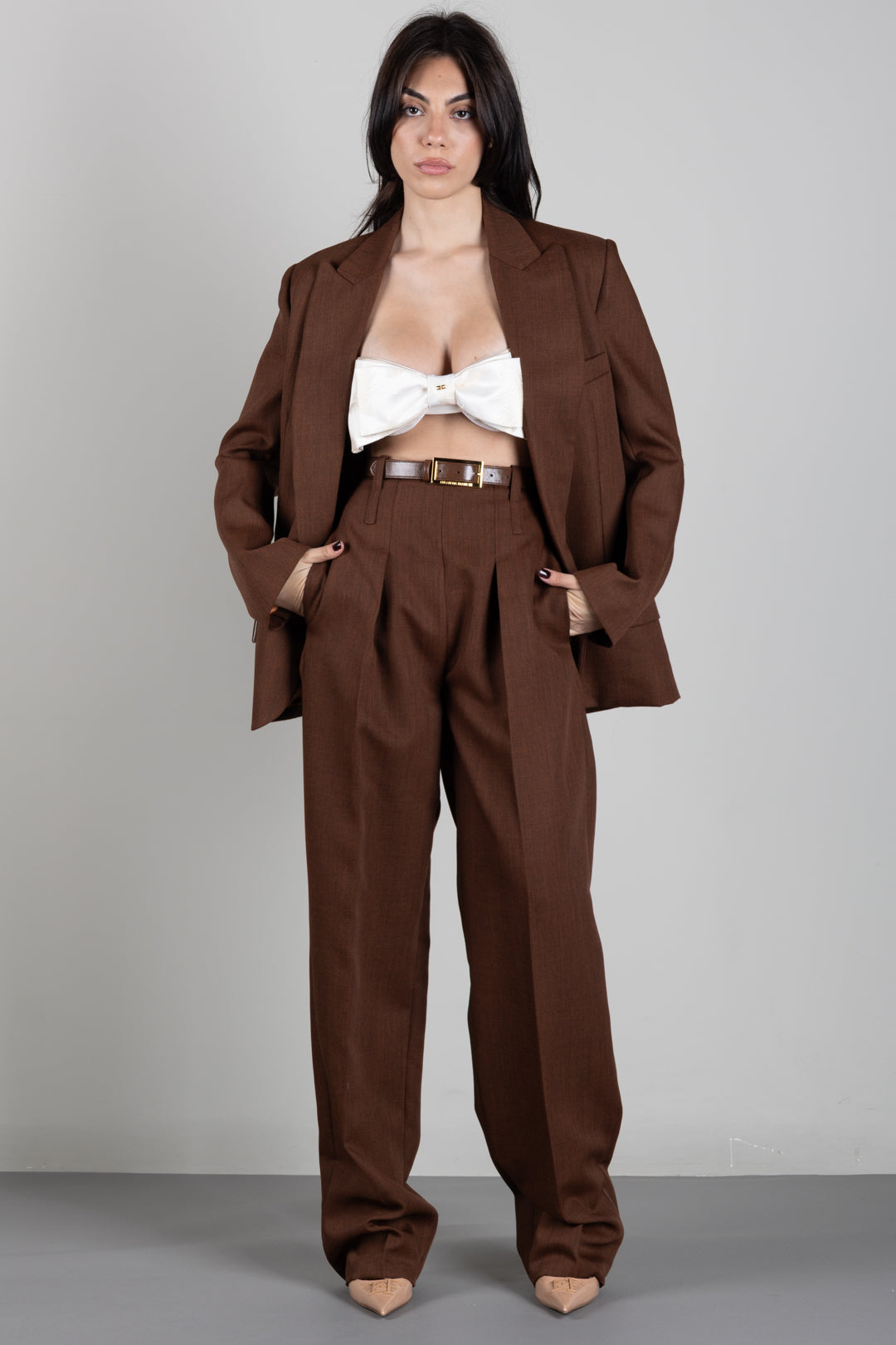 Elisabetta Franchi Pantaloni In Lana a Vita Alta con Cintura PA22367E2 SIGARO