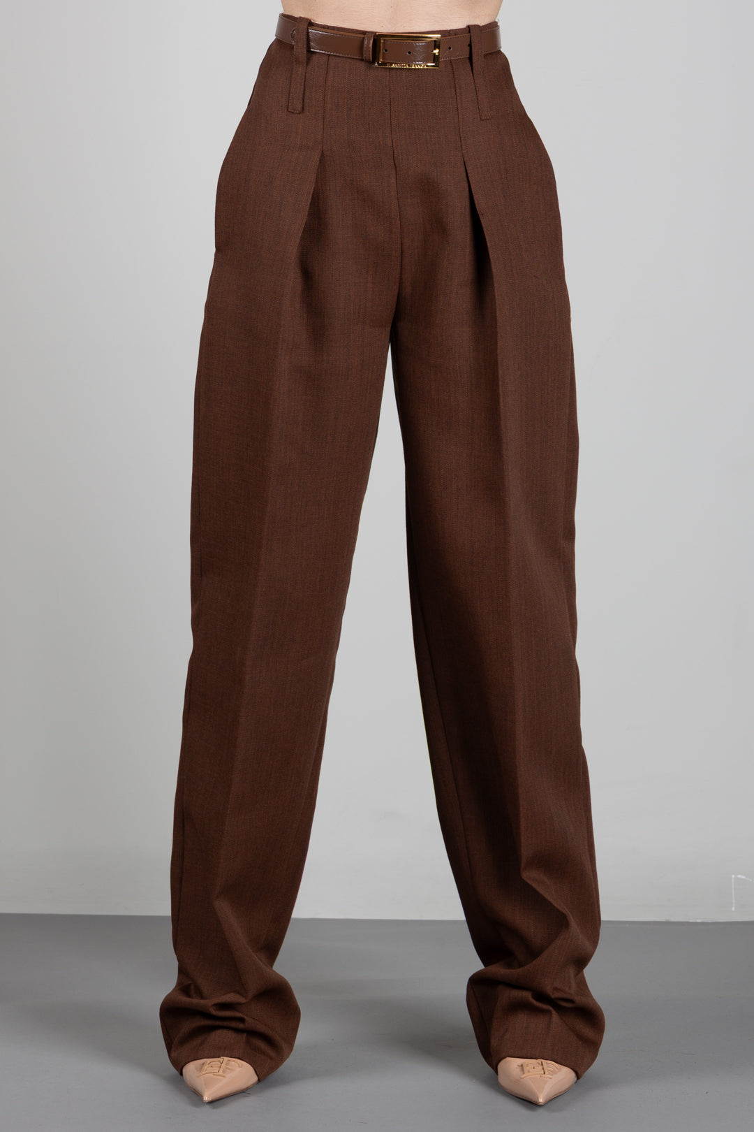 Elisabetta Franchi Pantaloni In Lana a Vita Alta con Cintura PA22367E2 SIGARO