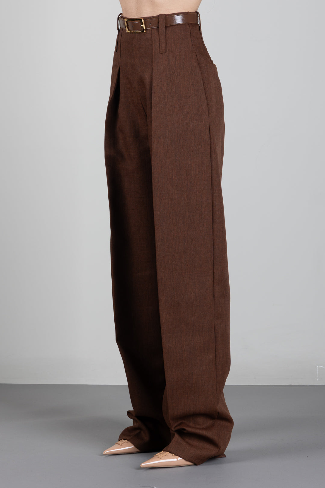 Elisabetta Franchi Pantaloni In Lana a Vita Alta con Cintura PA22367E2 SIGARO