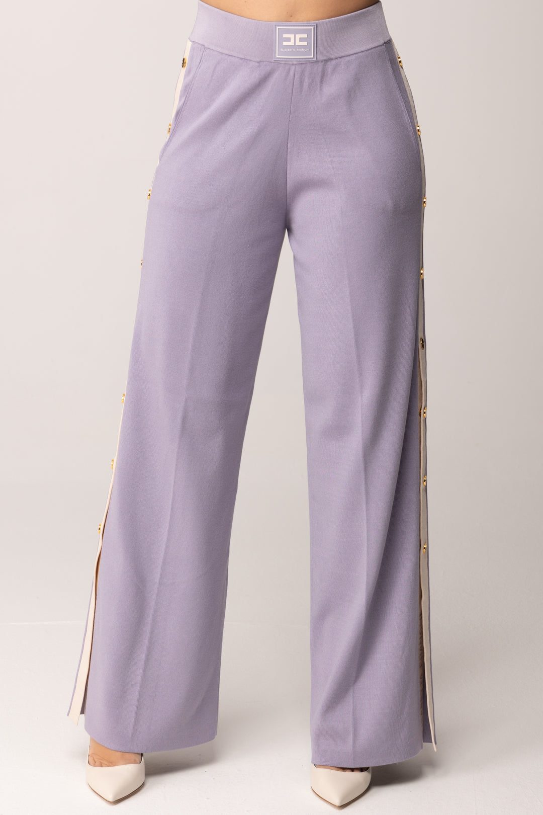 Elisabetta Franchi Pantaloni In Maglia con Bottoni e Bande In Viscosa KP74S61E2 LILLA/BURRO