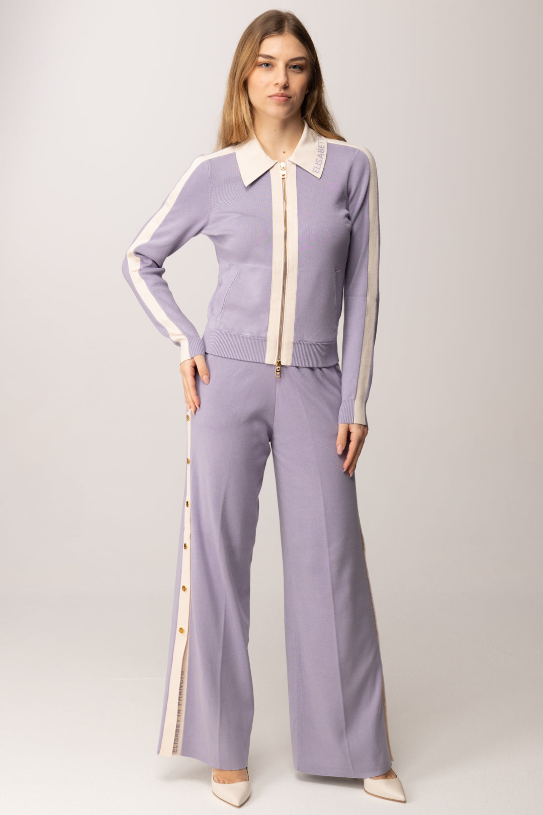 Elisabetta Franchi Pantaloni In Maglia con Bottoni e Bande In Viscosa KP74S61E2 LILLA/BURRO