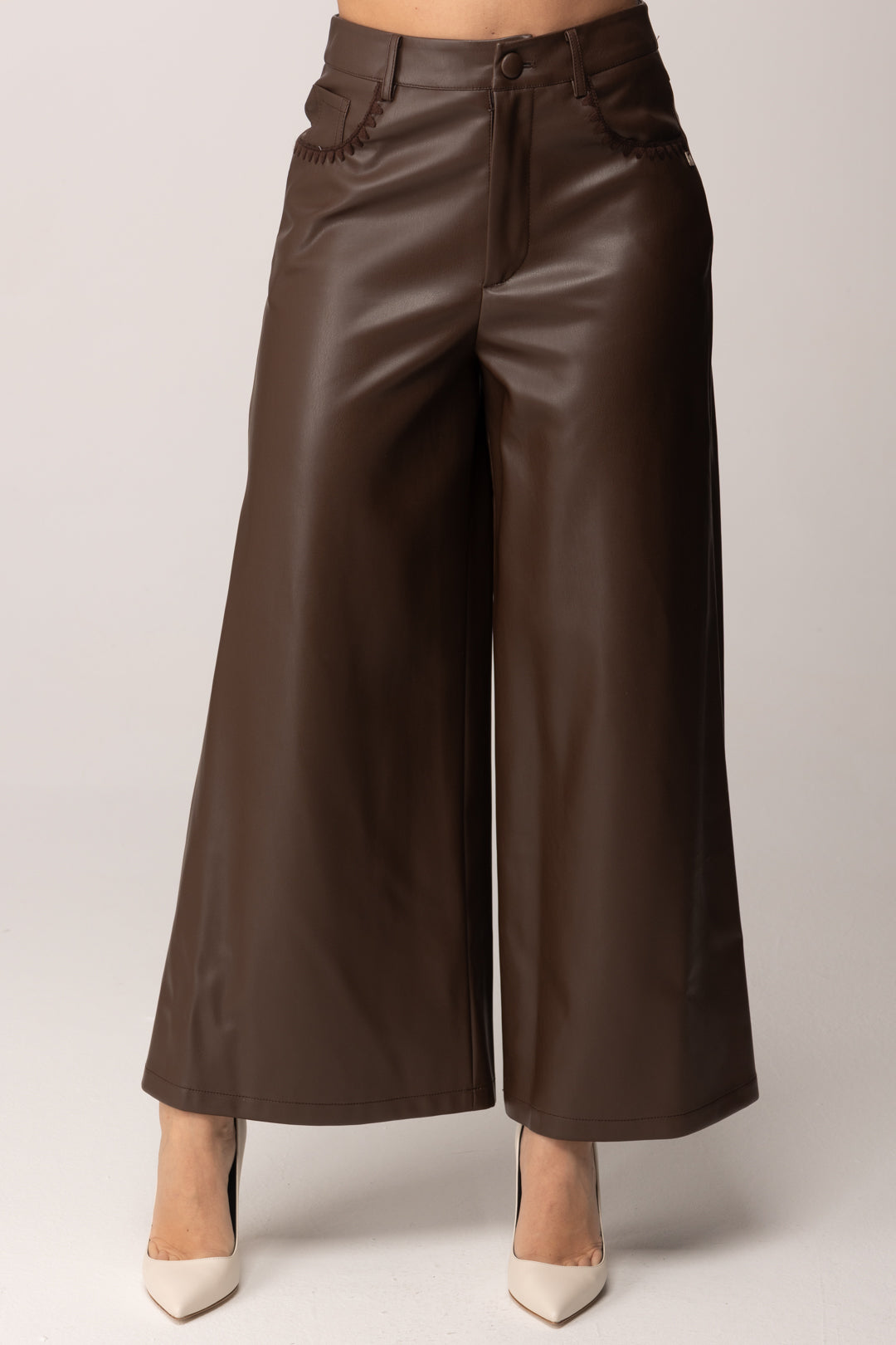 Meme Road Pantaloni In Pelle con Tasche Ricamate M8398P FONDENTE